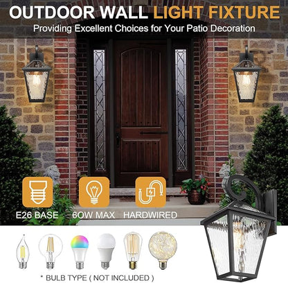 Outdoor Lights Fixtures Wall Mount, Outdoor Wall Lantern with Water Ripple Glass, Waterproof Outside Exterior Wall Sconce Lights Fixture for House, Front Porch, Patio, Large, Matte Black