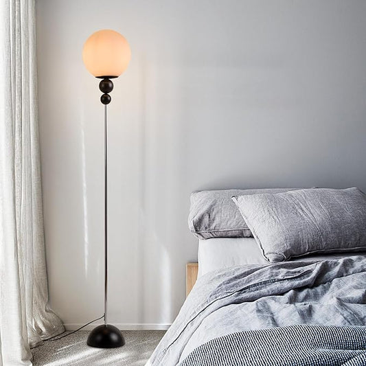 Modern Glass Floor Lamp for Bedroom, 63'' Vintage Mid-Century Floor Lamp with Milky White Frosted Glass Globe Shade for Living Room Corner, Slim Standing Reading Lamp for Office Decor (Black)