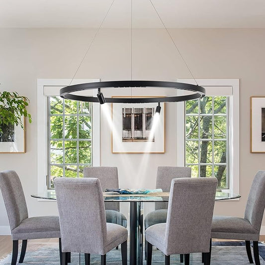 Modern LED Chandelier 1-Ring Circular 6000K 36W Dimmable Black Pendant Light with Adjustable Spotlights for Living Room, Dining Room, Kitchen, Bedroom, Foyer, Restaurant, Hotel, Bar