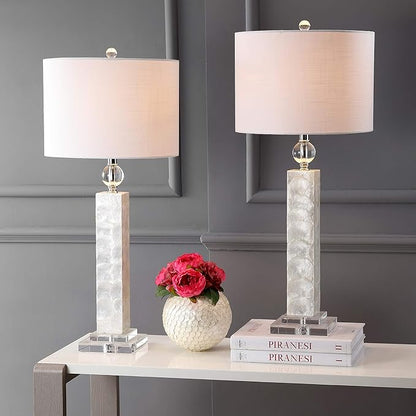 JONATHAN Y JYL4006A-SET2 32" Modern Coastal Seashell Table Lamp Set of 2 for Living Room Bedroom, Contemporary Column Bedside Nightstand Lamps with Crystal Base and White Linen Drum Shade, White