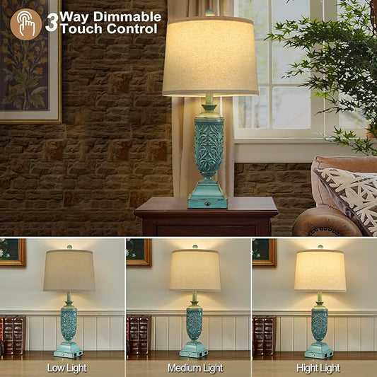 26.5" Farmhouse Table Lamp Set of 2, 3-Way Dimmable Touch Control Bedside Lamps Vintage Rustic Side Table Nightstand Lamps for Bedroom Living Room Study Room