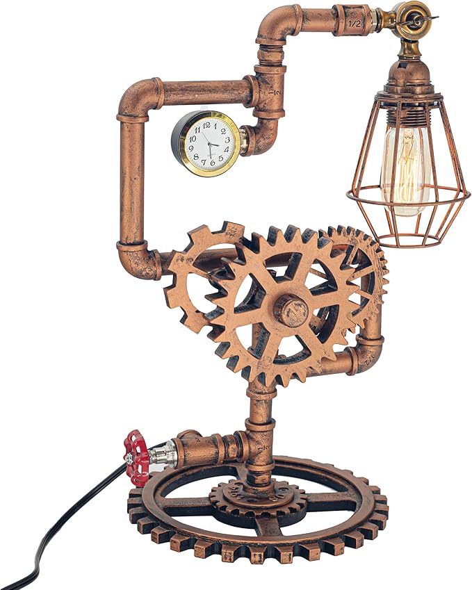 Eclectic Copper Steampunk Pipe Table Lamp with 360° Adjustable Light & Clock (Cage Shade) QTF-BT06