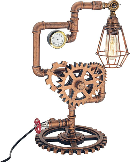 Eclectic Copper Steampunk Pipe Table Lamp with 360° Adjustable Light & Clock (Cage Shade) QTF-BT06