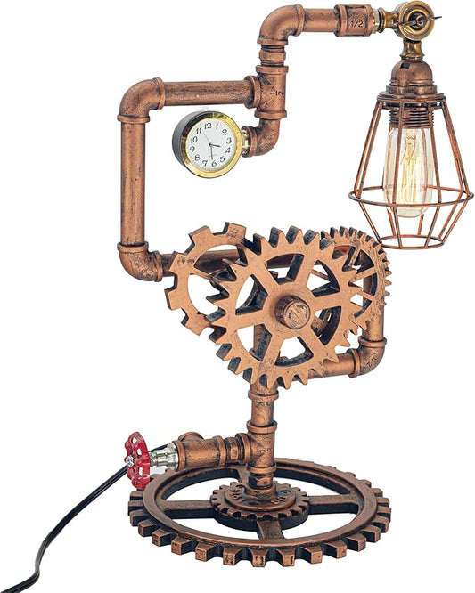 Eclectic Copper Steampunk Pipe Table Lamp with 360° Adjustable Light & Clock (Cage Shade) QTF-BT06