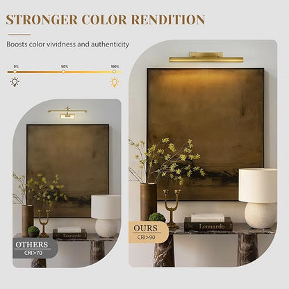 Brass Picture Lights for Wall, 24" Linear Picture Light Hardwired, 3-Light Brush Gold Art Light, Warm White 2700k Dimmable Picture Lamp, 270° Picture Frame Light for Bathroom, Living Room, Hallway