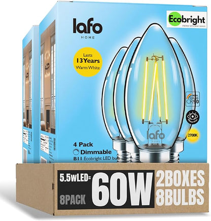 EcoBright Dimmable LED Candelabra Light Bulbs, B11 Chandelier Bulbs 60W Equivalent E12 Base, 2700K Warm White, CRI90, High Color Accuracy, Flicker Free, ETL and FCC Certified 8 Pack