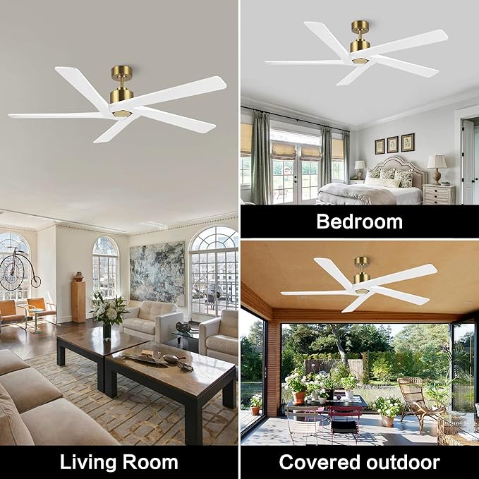WINGBO 54 Inch DC Ceiling Fan without Lights, 5 Reversible Carved Solid Wood Blades, 6-Speed Noiseless DC Motor, Ceiling Fan No Light with Remote, Brass Finish with White Blades, ETL Listed
