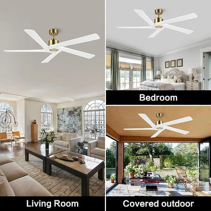 WINGBO 64 Inch DC Ceiling Fan without Lights, 5 Reversible Carved Solid Wood Blades, 6-Speed Noiseless DC Motor, Ceiling Fan No Light with Remote, Brass Finish with White Blades, ETL Listed