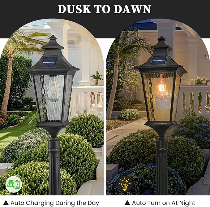 47.3 Inch Black Solar Lamp Posts Outdoor Waterproof Aluminum Solar Pole Lights with Water Ripple Glass Dusk to Dawn Outdoor Post Lights Hard Wired Include Remote Control and LED Bulb