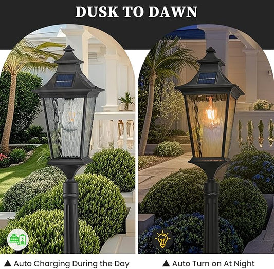 47.3 Inch Black Solar Lamp Posts Outdoor Waterproof Aluminum Solar Pole Lights with Water Ripple Glass Dusk to Dawn Outdoor Post Lights Hard Wired Include Remote Control and LED Bulb