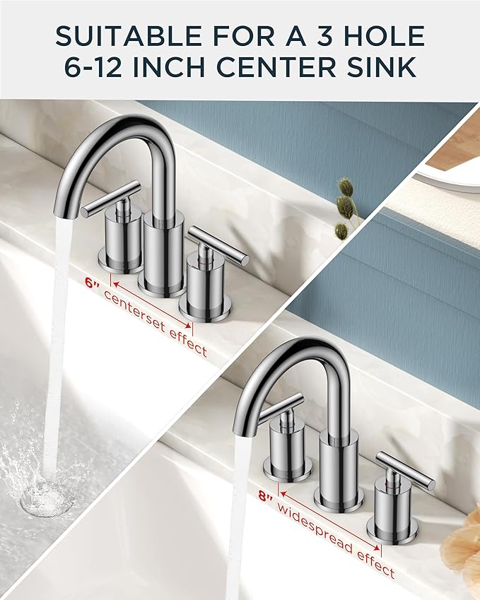 FORIOUS Chrome Bathroom Faucet 3 Hole, 8 Inch Widespread Bathroom Sink Faucet Polished Chrome 6 in with Metal Pop Up Drain and 24" Supply Line, 360 Degree Swivel Gooseneck for 3 Hole Vanity Sink RV