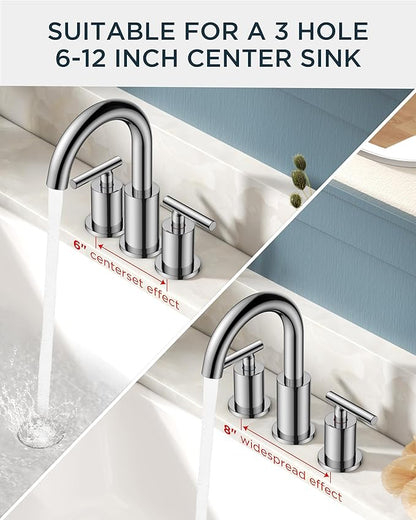 FORIOUS Chrome Bathroom Faucet 3 Hole, 8 Inch Widespread Bathroom Sink Faucet Polished Chrome 6 in with Metal Pop Up Drain and 24" Supply Line, 360 Degree Swivel Gooseneck for 3 Hole Vanity Sink RV