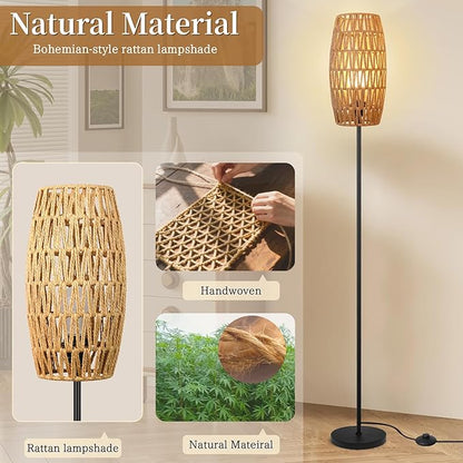 Floor Lamp for Living Room,Farmhouse Floor lamp,Modern Standing lamp with Hand-Worked Rattan Shade (Drum Rattan Shade Black Body Color-3 Color Bulb)