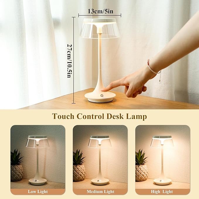 JHY DESIGN 3-Color Light Dimmable Bedside Table Lamp 10.5" H Nightstand Lamp Touch Control Lamp for Bedroom Living Room Indoors Outdoors(Single,Type-C Charging)