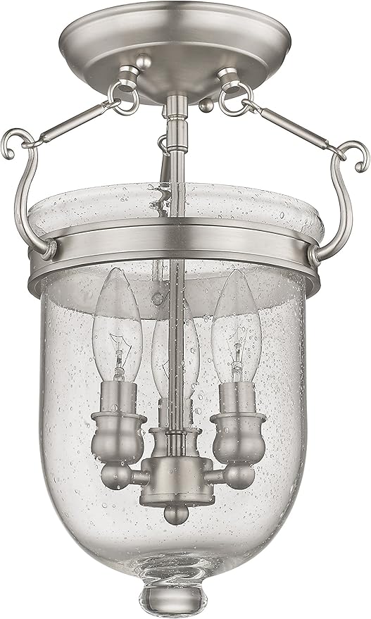Livex Lighting 5081-91 Jefferson 3 Light Brushed Nickel Bell Jar Semi Flush with Seeded Glass