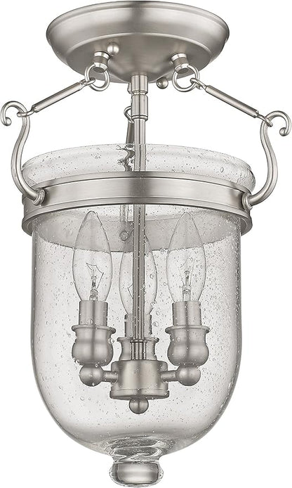 Livex Lighting 5081-91 Jefferson 3 Light Brushed Nickel Bell Jar Semi Flush with Seeded Glass