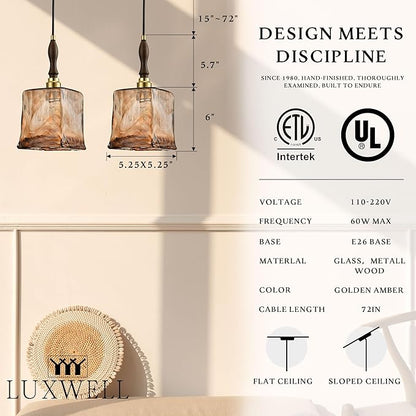 Modern Amber Glass Pendant Light, 5.25"x11.7" Elongated Hanging Fixture with Wood Grip & Brass Accent, 15"-72" Adjustable Line, E26 Socket – Golden Amber Rectangular