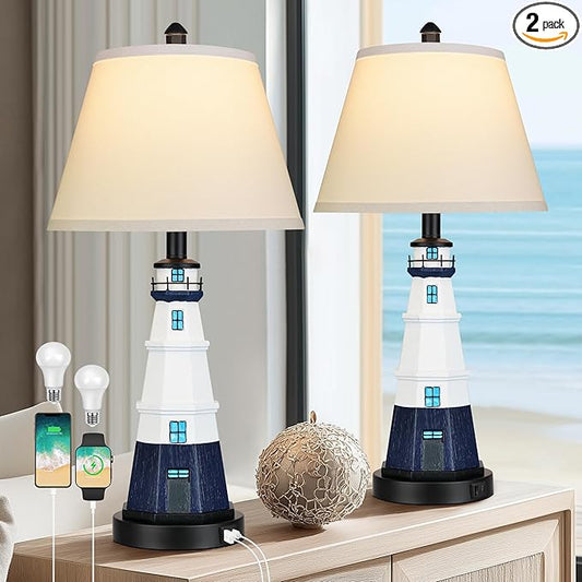 WIHTU Modern Lighthouse Table Lamps Set of 2, White Navy Blue Bedside Nautical Table Lamp, Nautical Style Resin Reading Lights for Bedroom Livingroom, Bulbs Included