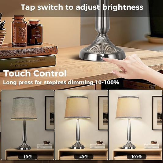 PARTPHONER Cordless Table Lamp, 5000mAh Battery Rechargeable Touch Lamp, 3-Level Brightness Bedside Lamps, Modern Portable Design, Battery Operated Desk Lamp for Patio Camping, Dining, Home, Nickel