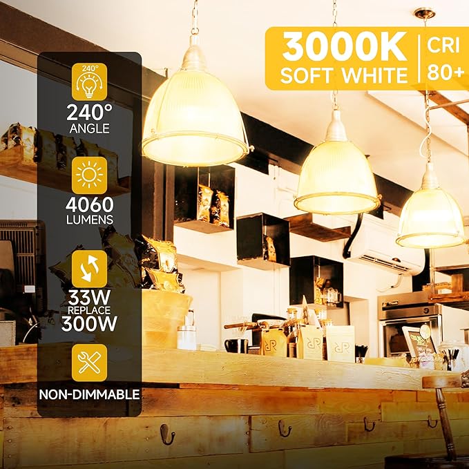 300W Equivalent LED Light Bulb, Super Bright 4060 Lumen Warm White 3000K, A23 E26 Medium Base 33 Watt LED Bulb for Garage Warehouse Workshop Backyard Patio Street Supermarket, 4-Pack