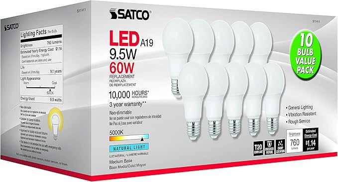 Satco S11411 9.5-Watt A19 LED Light Bulbs, 60-Watt Replacement, 5000K Natural Light, 760 Lumens, 10 Pack
