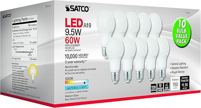 Satco S11411 9.5-Watt A19 LED Light Bulbs, 60-Watt Replacement, 5000K Natural Light, 760 Lumens, 10 Pack