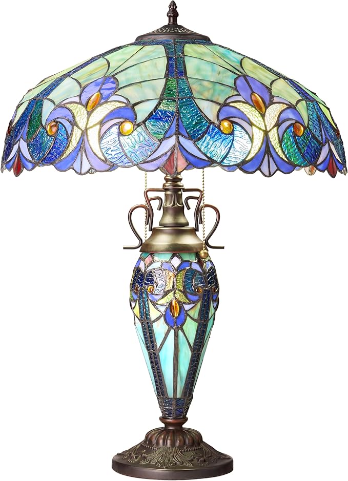 RIVER OF GOODS 24.5" H Halston Double Lit Blue Bowl Shade Stained Glass Table Lamp