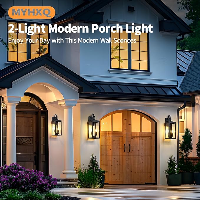 18'' Large Outdoor Light Fixture 2 Packs, Black Porch Lantern Wall Mounted, Waterproof 2-Light Exterior Lighting Fixtures with Clear Tempered Glass, Modern Sconce Outside Lights for House Patio Garage