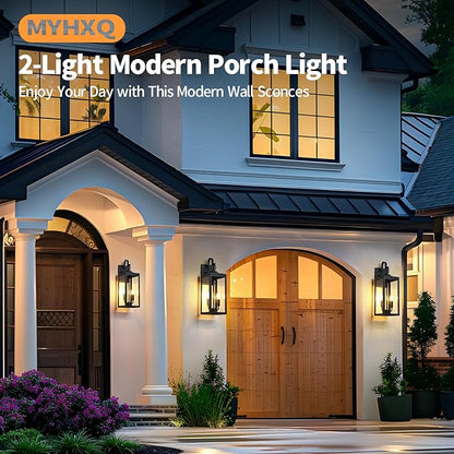 18'' Large Outdoor Light Fixture 2 Packs, Black Porch Lantern Wall Mounted, Waterproof 2-Light Exterior Lighting Fixtures with Clear Tempered Glass, Modern Sconce Outside Lights for House Patio Garage