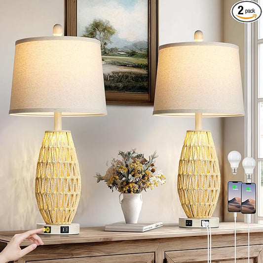 27" Beige Boho Rattan Lamps Set of 2, Coastal Natural Bedroom Table Lamps with Night Light, Woven Wicker Bedside Nightstand Lamp with USB A+C Charging Port, Farmhouse Lamp for Living Room