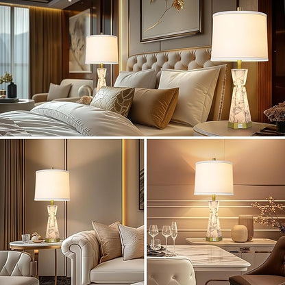 Natural Alabaster Table Lamp,Living Room Lamps Set of 2,Nightstand Lamp with Night Light,Lamps for Living Room With Linen Fabric Shade,Bedside Lamp with Usb A+C Ports for Bedroom,Hotel(Bulb Included)