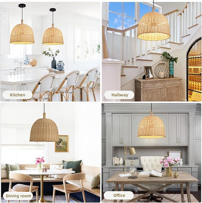 3-Light Rattan Pendant Light,13.77" Rustic Oval Hanging Light,Wicker Pendant Light Hand-Woven Rattan Chandelier for Public Place Dining Living Bedroom Kitchen Farmhouse