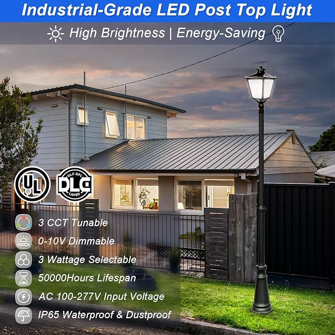 LED Post Top Light, 60W/50W/30W Power Tunable, 3CCT 5000K/4000K/3000K Outdoor Post Pole Lights, LED Parking Lot Light for Garden Yard Street Lighting, IP65 Waterproof, AC100-277V, UL DLC Listed