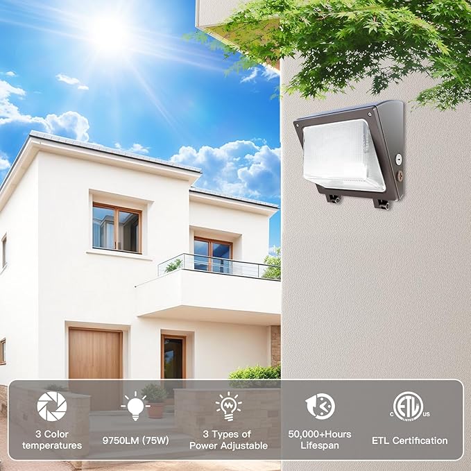 JTT 6Pack 75W/60W/45W LED Wall Pack Lights,Dusk to Dawn with Photocell,6000/5000/4000K Daylight IP65 Wall Mount Outdoor Security Lighting,Energy Saving Lights for Warehouses Yard Parking Lot, Garage