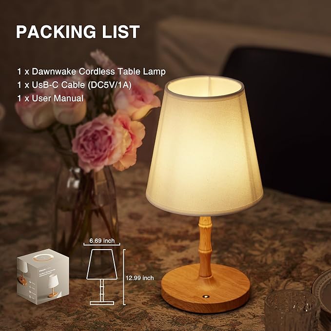 Table Lamp Cordless Bedside Desk Lamp,Rechargeable Battery Operated Lamps for Bedroom Night Stands,3 Colors Touch Dimmable Small Table Kitchen Lamps,4000mAh LED Wood Grain(Fabric Shade)