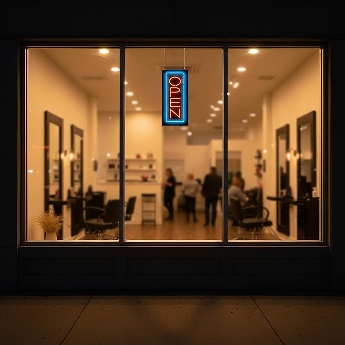 Vertical Neon Open Sign - Compact Size - 11" wide x 24" high - Real, Quality Hand Bent Neon Sign - Red Letters with a Blue Outer Border