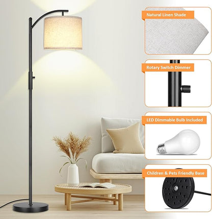 ROTTOGOON Dimmable Floor Lamp, Arc Floor Lamps for Living Room, Stepless Dimming Modern Standing Lamp with Linen Shade, Tall Lamp for Bedroom Office Dining Room- Black