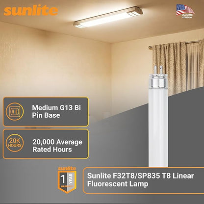 Sunlite F32T8/SP835 T8 Linear Fluorescent Lamp, 32 Watts, 3050 Lumens, 3500K Neutral White, Medium G13 Bi Pin Base, High Performance Straight Tube, 30 Pack