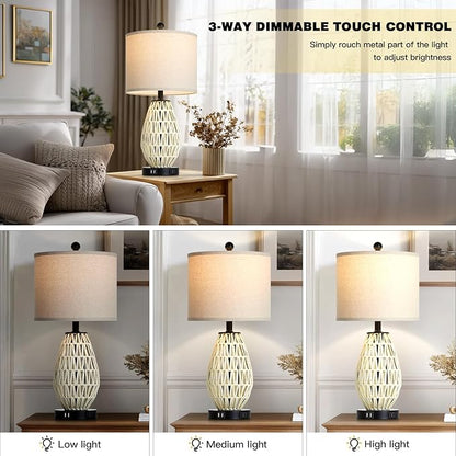 Touch Control Rattan Table Lamps, 3 Way Dimmable Bedside Lamps for Bedroom Set of 2 with 2 USB Ports and AC Outlet, Wicker Nightstand Lamps for Living Room (LED Bulbs Included), White