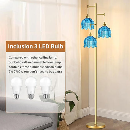 Glass Floor Lamp for Living Room,Bedroom,Gold Mid Century Modern Standing Lamp Brass Tree 3 Light Tall Floor Lamps Vintage Retro Floor Lights Flower Lamp Shade Farmhouse Boho Bohemian