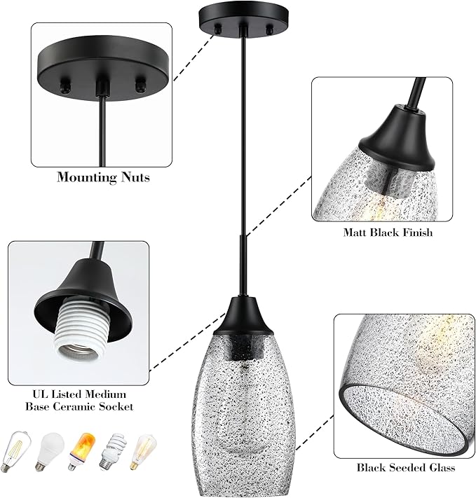 Black Seeded Glass Pendant Lamp Shade 4.72" Art Glass Chandeliers Cover Mini Oval Light Shade Replacement Shade Only Light Fixtures for Kitchen Island Pendant Light 1-Pack