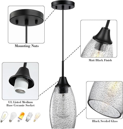 Black Seeded Glass Pendant Lamp Shade 4.72" Art Glass Chandeliers Cover Mini Oval Light Shade Replacement Shade Only Light Fixtures for Kitchen Island Pendant Light 1-Pack