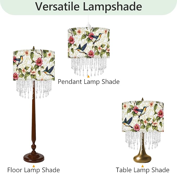 Hummingbird Floral Lamp Shade with Acrylic Bead Droplets, Spring Humming Bird Flower Fabric Light Shade for Pendant Table & Floor Lamps, Memorial Gift for Bird Lover, 15.7in