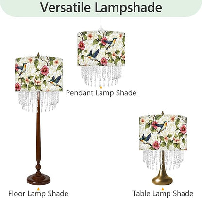 Hummingbird Floral Lamp Shade with Acrylic Bead Droplets, Spring Humming Bird Flower Fabric Light Shade for Pendant Table & Floor Lamps, Memorial Gift for Bird Lover, 15.7in