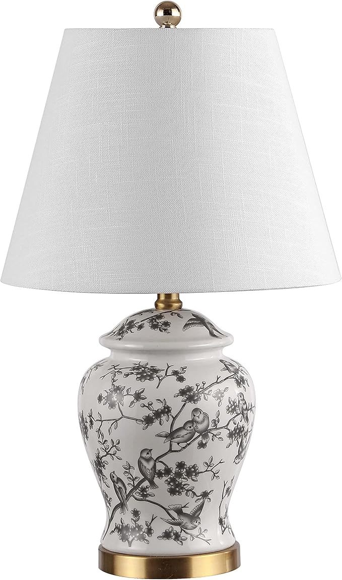 JONATHAN Y JYL3005C 22" French Country Ginger Jar Table Lamp, Gray and White Chinoiserie Ceramic Bedside Lamp for Living Room, Traditional Bedroom Nightstand with White Linen Shade, LED Bulb Included