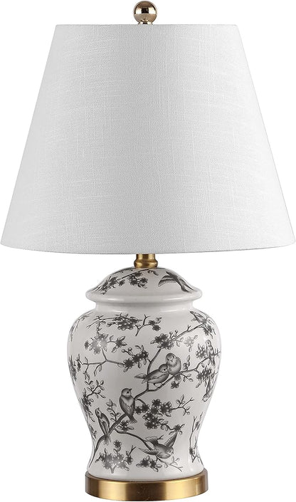 JONATHAN Y JYL3005C 22" French Country Ginger Jar Table Lamp, Gray and White Chinoiserie Ceramic Bedside Lamp for Living Room, Traditional Bedroom Nightstand with White Linen Shade, LED Bulb Included