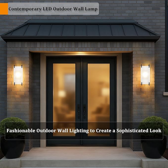 Alighting Modern Black LED Outdoor Wall Sconce – Waterproof Exterior Lighting Fixture with Rippled Glass, 12W 3000K Warm White Outdoor Porch Light for House, Garage, Patio, Garden
