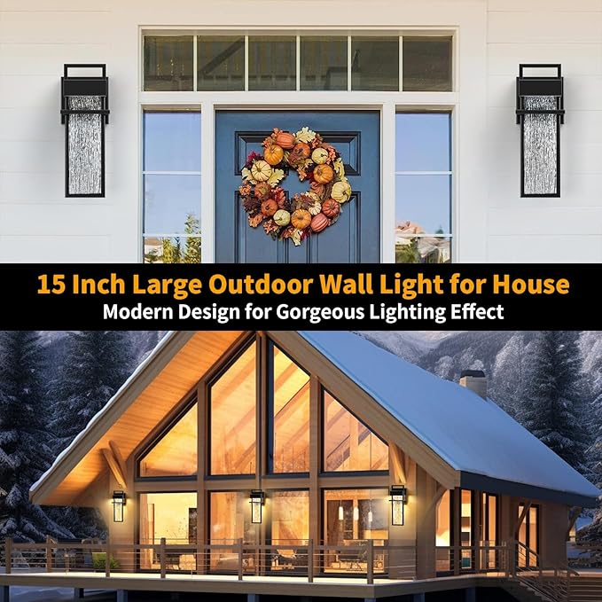 15'' Outdoor Wall Lights 2 Packs, 3000K Integrated LED Outdoor Sconce, Modern Exterior Lighting Fixtures with Rippled Glass, Waterproof Porch Light Outside Lights for House Garage Patio, Black
