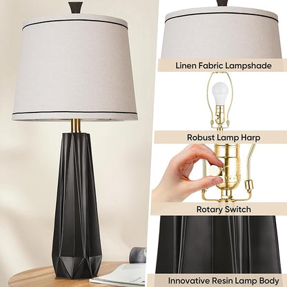WIHTU 3 Color Temperature Table Lamps Set of 2, 27'' Black Modern Table Lamp for Living Room, Resin Desk Lamp with Linen Shade, Beside Lamp for Nightstands Bedroom Decor (2 Bulbs Included)