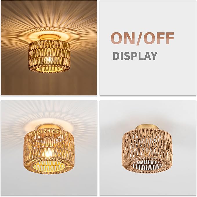 Rattan Ceiling Light, 1 Light Bohemian Modern Woven Flush Mount Ceiling Light, Boho Light Fixture for Bedroom Living Room Dining Room, Gold Finish